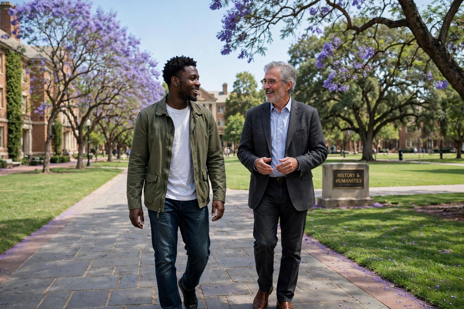 A college student in conversation with his coach on campus