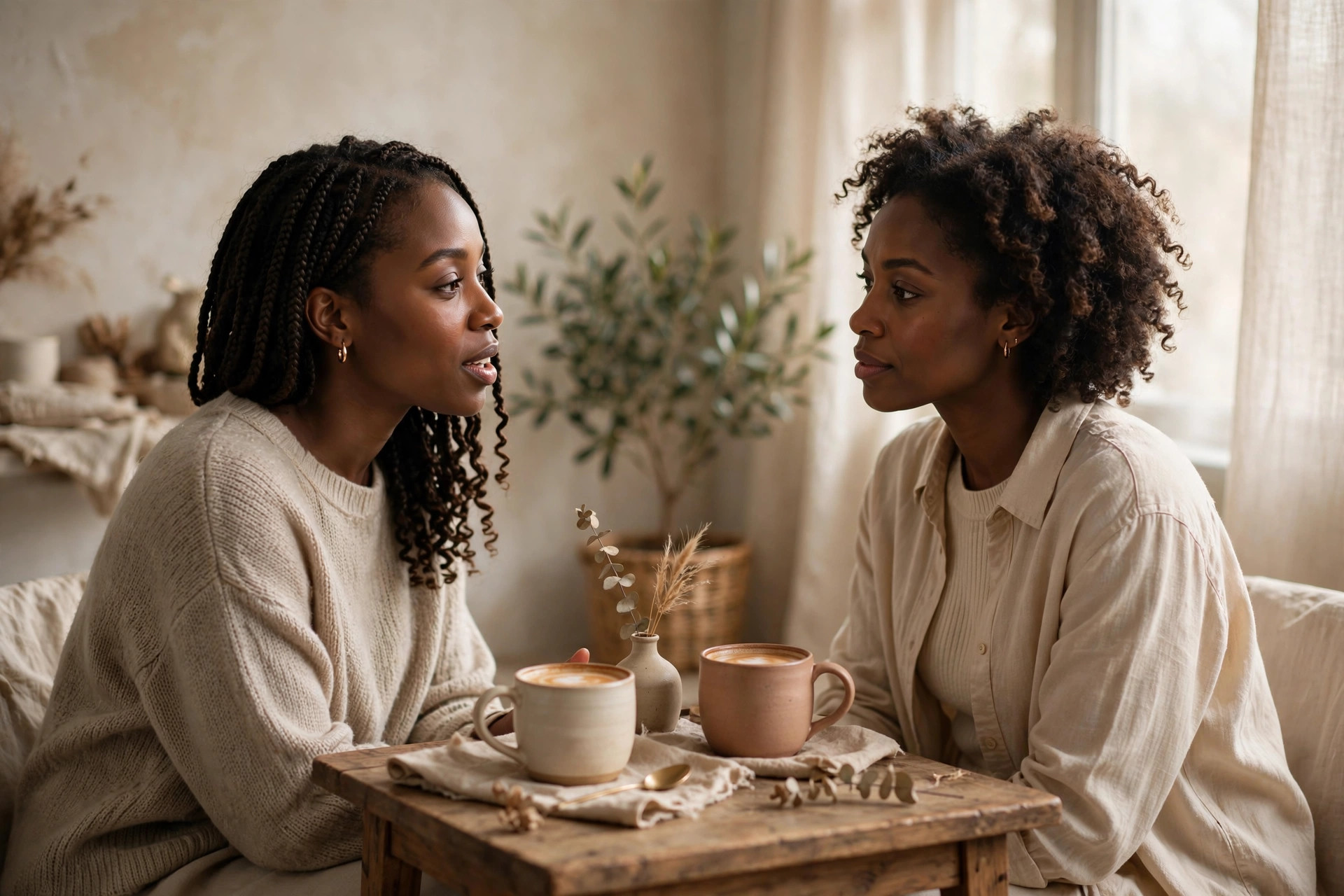 Two Black women in warm conversation over coffee in a sunlit room