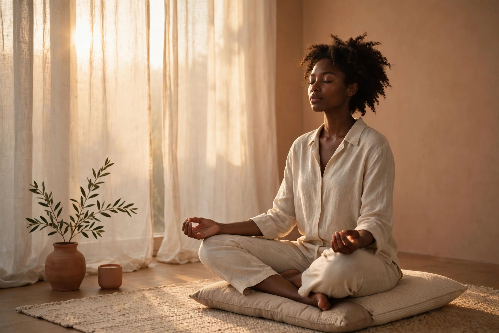 Black woman meditating on a floor cushion in soft morning light