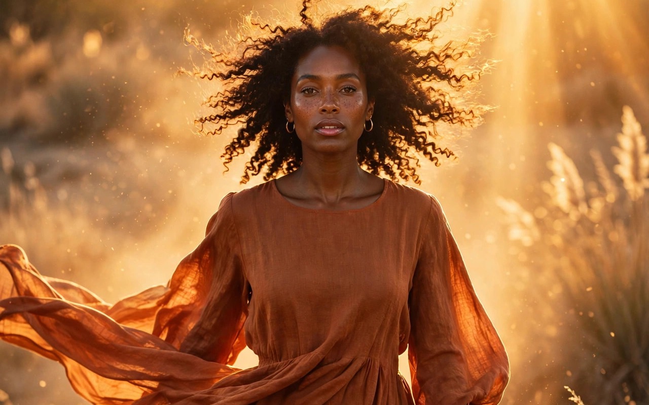 Black woman in a flowing terracotta dress walking through sunlit grass