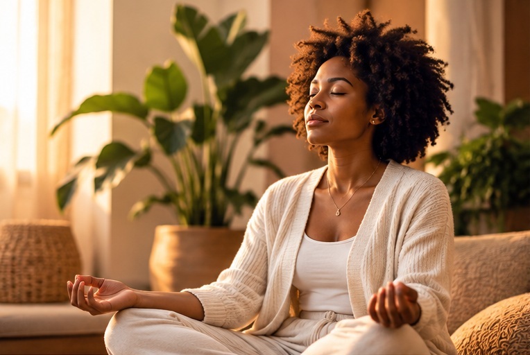 Black woman meditating peacefully with eyes closed in a sunlit room