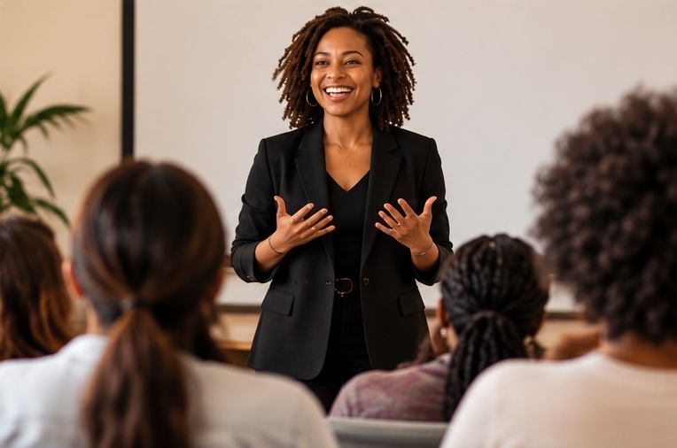 Black woman facilitator speaking warmly to an engaged workshop group
