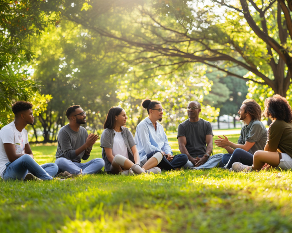 Group wellness discussion in a park